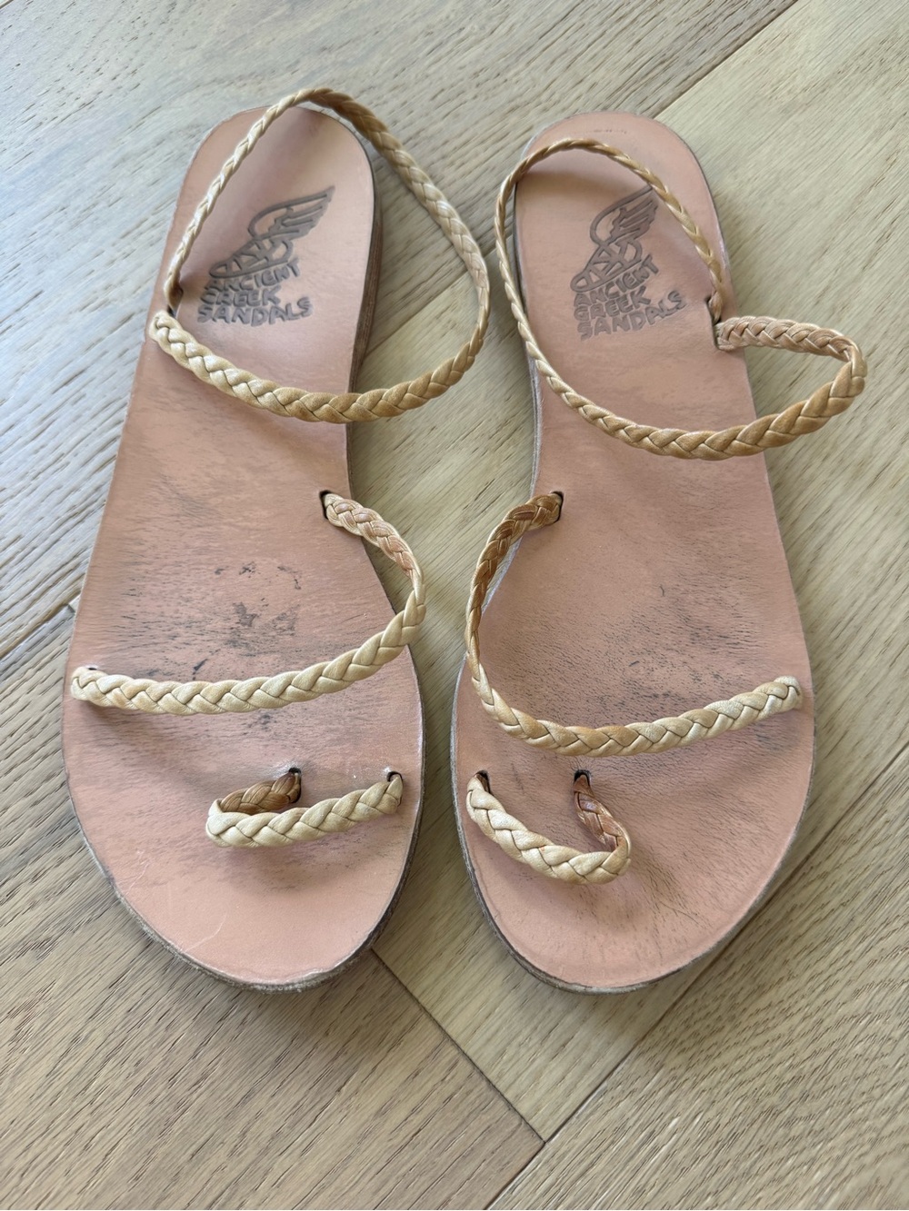 Ancient Greek Sandals Braided Beige Leather Flat Sandals